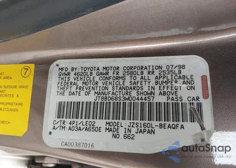 1998 Lexus Gs 300 z USA, uszkodzony, nr VIN JT8BD68S3W0044457